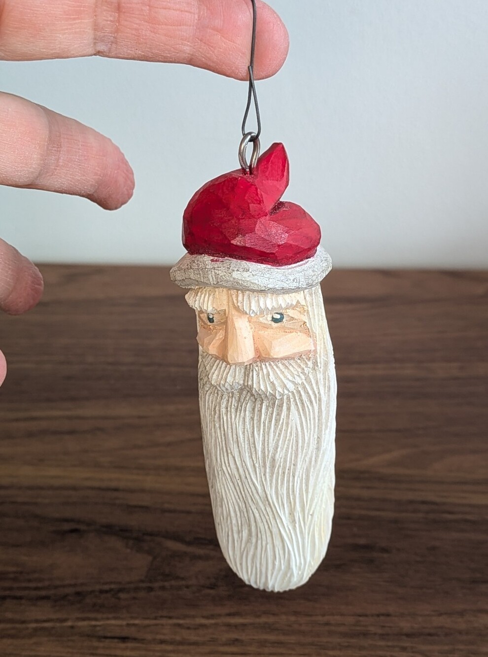 Hand Carved Wood Santa Claus Ornament Folk Art Decor Whittled Santa Long Beard